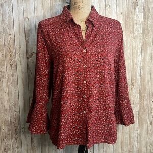 3/$15 ☮️ Coldwater Creek Red Floral Button Up Bell Sleeve Shirt